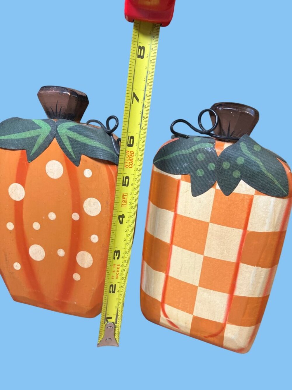 Handcrafted Wooden Pumpkin Set With Painted Stripes and Polka Dots - Picture 9 of 10